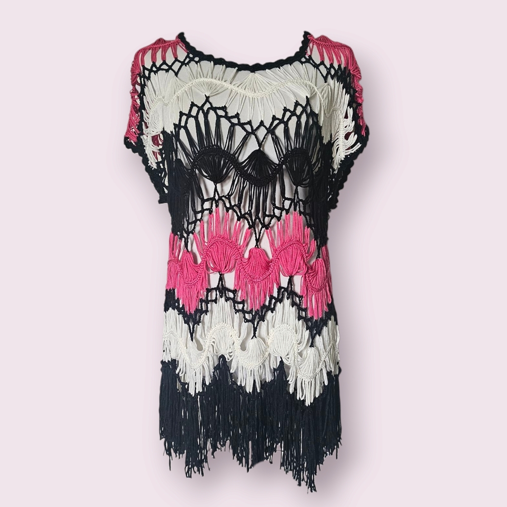 Roz & Ali Crocheted Pink, White & Black Swimsuit Coverup
